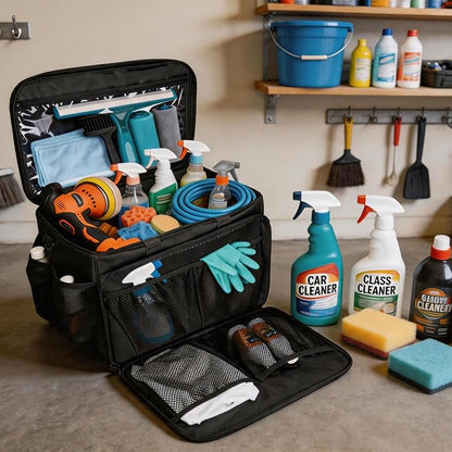 Large Car Detailing Organizer with Hard Pad Support, Car Detailing Bag with Multiple Pockets, Cleaning Bags for Housekeepers, Cleaning Supply Bag, Black