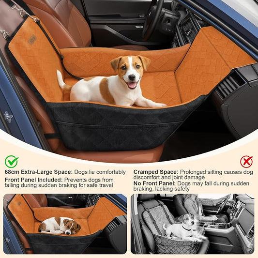 Elevated Dog Car Seat, Dog Booster Car Seats for Small & Medium Breeds Up to 35lbs, Fully Detachable and Washable, Soft Foam Pet Carseat with 2 Storage Pockets & 3 Safety Belts, Black + Brown