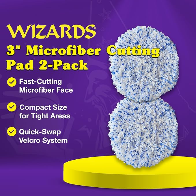 Wizards 12 DA Polisher Microfiber Cutting Pad - 2-pk 3inch - Backing Plate & Fast Cutting Micro Fiber Face- Compatible with Wizards Mystic Cut
