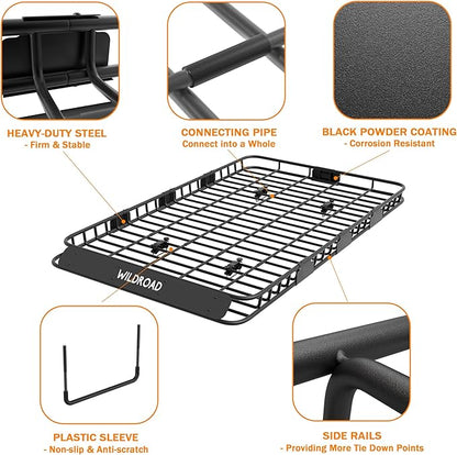 Wildroad Roof Rack Cargo Basket, Upgraded 4” Fence Wide Car Roof Basket, 84"x 50"x 4" Universal Car Top Carrier Basket with Super Duty Bungee Cargo Net and Ratchet Straps Fits for SUV Truck Cars
