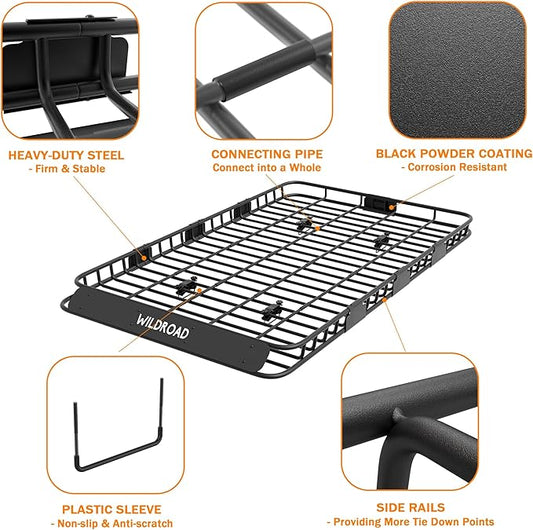 Wildroad Roof Rack Cargo Basket, Upgraded 4” Fence Wide Car Roof Basket, 84"x 50"x 4" Universal Car Top Carrier Basket with Super Duty Bungee Cargo Net and Ratchet Straps Fits for SUV Truck Cars