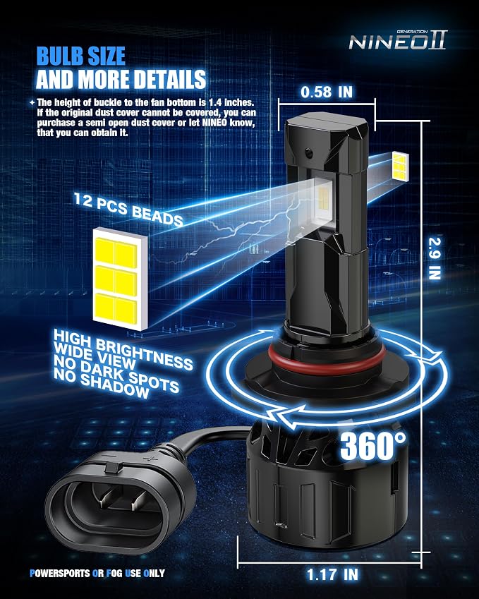 NINEO 9005 Bulbs, 9005 Fog Lights, [2025 Upgrade] 600% Brighter 6500K White, Fan-Cooled, No Flicker, Plug & Play, Driving or Fog Light, 2 Pack
