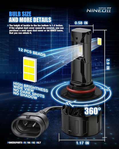NINEO 9005 Bulbs, 9005 Fog Lights, [2025 Upgrade] 600% Brighter 6500K White, Fan-Cooled, No Flicker, Plug & Play, Driving or Fog Light, 2 Pack