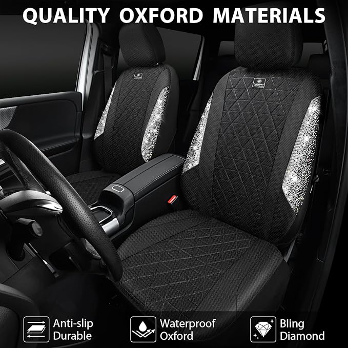 CAR PASS Oxford Bling Diamond Car Seat Covers Full Set Interior Sets, Waterproof Shining Glitter Sparkly Crystal Universal Armrest Fit 95% Automotive Truck SUV Cute Women Girl, Black Silver Rhinestone