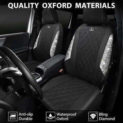 CAR PASS Oxford Bling Diamond Car Seat Covers Full Set Interior Sets, Waterproof Shining Glitter Sparkly Crystal Universal Armrest Fit 95% Automotive Truck SUV Cute Women Girl, Black Silver Rhinestone