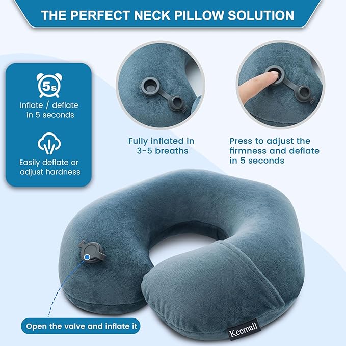 Keemall 2Pack Inflatable Travel Neck Pillow for Airplane Train Car Washable Pillowcase U Shaped Office Napping Pillow
