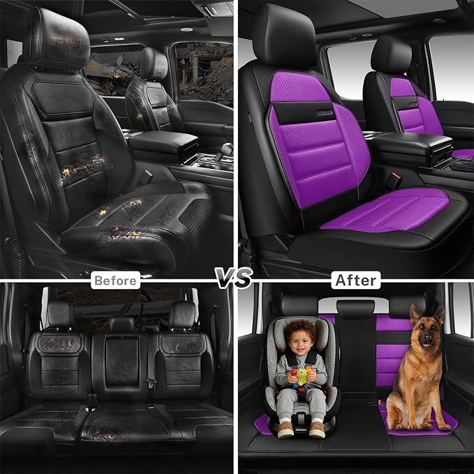 CAR PASS Memory Foam Seat Covers Full Sets, Airy Cool Mesh Thick Car Seat Covers Women, Leather Car Seat Covers 5 Seats Airbag Compatible, Universal Automotive Comfort for Cars, Trucks, SUV, Purple