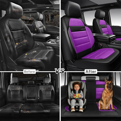 CAR PASS Memory Foam Seat Covers Full Sets, Airy Cool Mesh Thick Car Seat Covers Women, Leather Car Seat Covers 5 Seats Airbag Compatible, Universal Automotive Comfort for Cars, Trucks, SUV, Purple