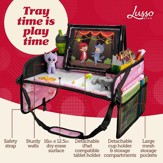 Lusso Gear Travel Car Seat Tray - Dry Erase Board & Secure Tablet Holder for Toddler Travel - Durable 600D Oxford Cloth with Snack & Toy Compartments for Road Trip Essentials for Kids - Pink Unicorn