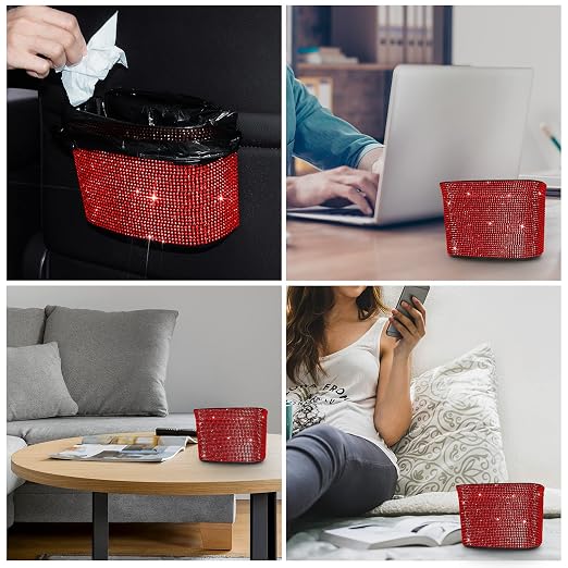 Cavalcade Car Trash Can, Hanging Trash Bin, Leakproof Garbage Organizer, Bling Vehicle Waste Basket, Mini Dustbin Container with Clip for Car, Office, Kitchen, Bedroom, Home and More, Red, Small