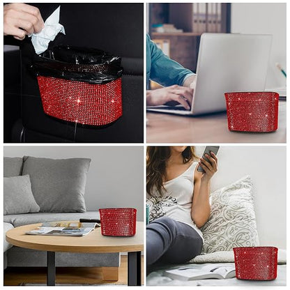 Cavalcade Car Trash Can, Hanging Trash Bin, Leakproof Garbage Organizer, Bling Vehicle Waste Basket, Mini Dustbin Container with Clip for Car, Office, Kitchen, Bedroom, Home and More, Red, Small