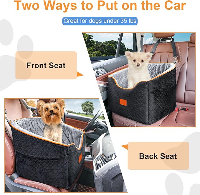 XIEEAOZEE Dog Car Seat for Small Dogs, Memory Foam Booster Dog Seat for Dogs up to 35 lbs, Elevated Pet Car Seat, Travel Safety Pet Seat with Washable Removable Cover, Storage Pockets (Red)