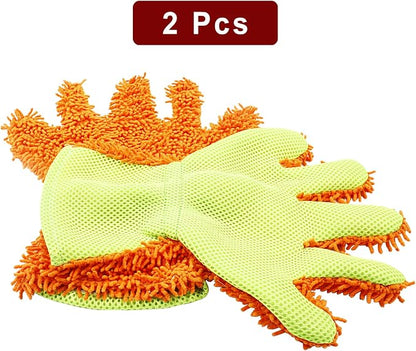 BokWin 2-Pack Car Wash Mitt Scratch Free, 5-Finger Microfiber Wash Mitts, Car Interior Exterior Cleaning Gloves, Auto Chenille Washing Sponge Kits for Cleaning Wheel Tight Spot(Orange)