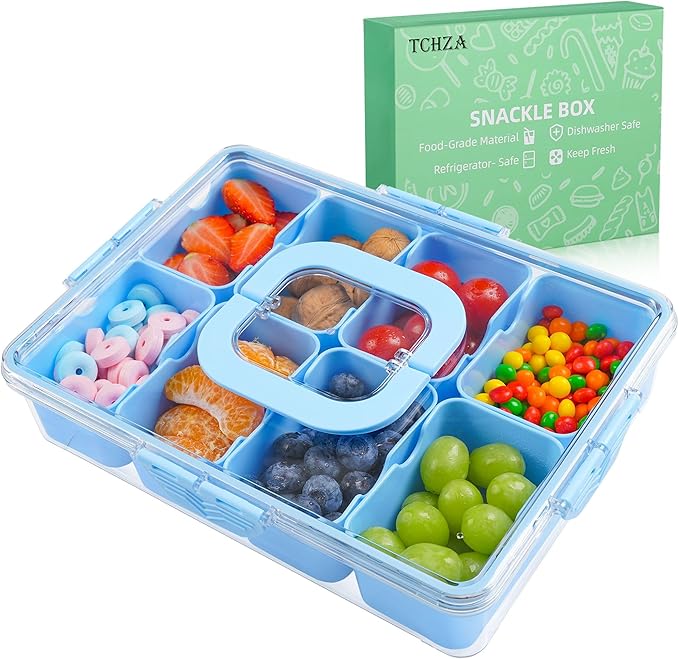 Snackle Box Container, Dishwasher Safety - Divided Serving Tray with Lid and Handle, Charcuterie Board for Portable Snack Platters - Organizer for Fruits Snacks - Perfect for Road Travel - Light blue