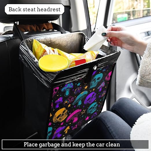 Car Trash Can Organizer Bin with Adjustable Strap for Back Front Seat Console Waterproof Leakproof Collapsible Portable 8.66 Inch Neon-colored Skulls Stars Mushrooms