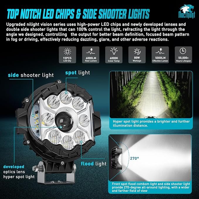 Nilight 7 Inch LED Offroad Driving Lights High Low Beam 2 PCS 80W Round White Light Side Shooter Spot Flood Fog Light Pod w/ 16 AWG DT Connector Wiring Harness Kit for Jeep Truck ATV UTV SUV