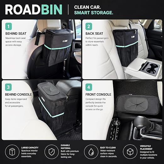RoadBin™ Car Trash Can – Slim 4" 2.5 Gallon Space-Saving Design, Stays Upright, Leakproof & Odor-Proof Car Garbage Can for Clean, Clutter-Free Cars, Trucks & SUVs