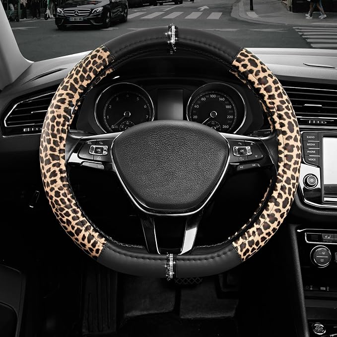 Road Comforts Leopard Steering Wheel Cover for Women, Cute Anti-Slip Microfiber Leather, Fits D Shape Flat Bottom Steering Wheel 14.5-15 Inch - Black
