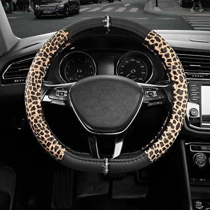 Road Comforts Leopard Steering Wheel Cover for Women, Cute Anti-Slip Microfiber Leather, Fits D Shape Flat Bottom Steering Wheel 14.5-15 Inch - Black