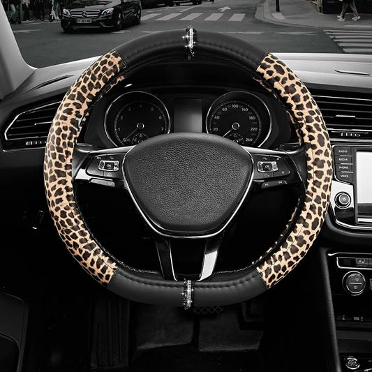 Road Comforts Leopard Steering Wheel Cover for Women, Cute Anti-Slip Microfiber Leather, Fits D Shape Flat Bottom Steering Wheel 14.5-15 Inch - Black