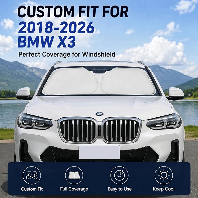 for 2018-2024 2025 2026 BMW X3 Windshield Sun Shade - Foldable Windshield Sunshade Cover Front Window Shade Custom Fit X3 Accessories Sun Visor Protector Blocks UV Rays