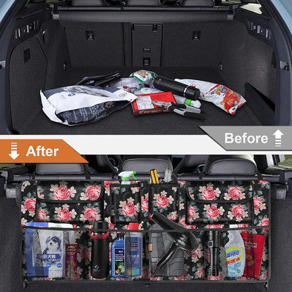 Car Trunk Organizer, Super Capacity Backseat Car Organizer for SUV/Truck/MPV(42"*18"), Hanging Car Storage Organizer with 8 Pocekts, Car Accessories for Women and Men- Floral