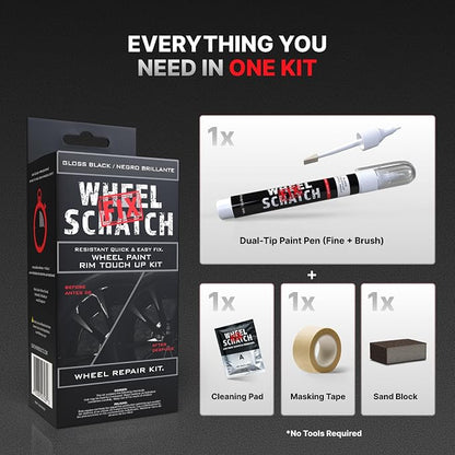Wheel Scratch Fix® Gloss Black Touch Up Paint for Cars - DIY Alloy Wheel Repair Kit, Curb Rash Remover with Fast-Drying Pen - Long-Lasting OEM Finish Car Rim Paint for Scuffs and Chips at Home (Gloss Black)