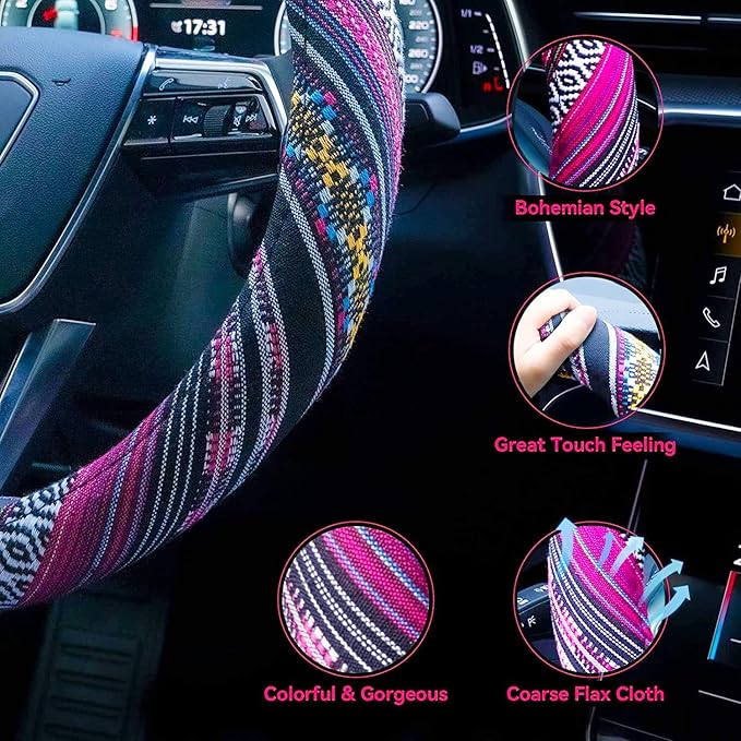 Boho Steering Wheel Cover Elastic Microfiber for Women, Universal Fit 15 inch Car SUV, Hippie Style Protector Cover, Anti-Slip, Breathable, Absorbing Sweat - 03