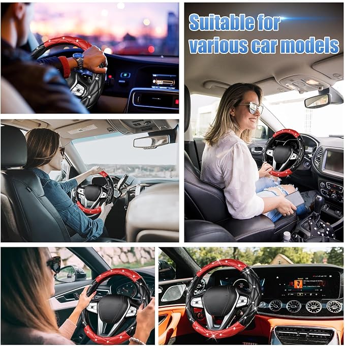 SuperKaKa Black and Red Steering Wheel Cover, Auto Diamond Style Cute Bling Comfort Car Interior Accessories Protector Sparkly Fit Most O-Shaped Steering Wheels