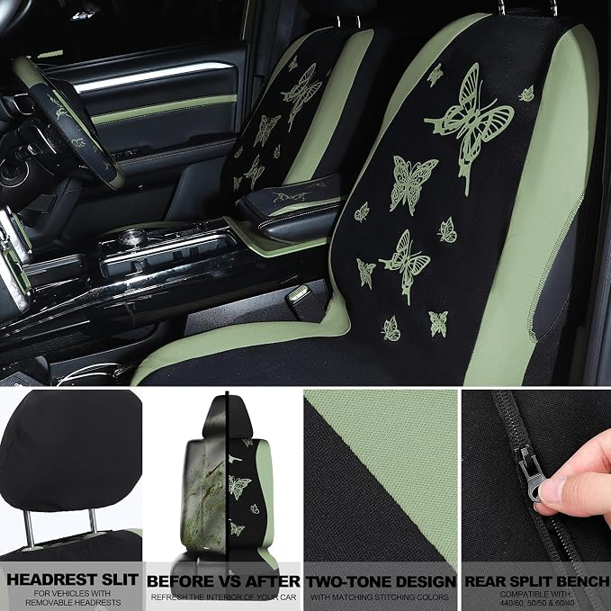 BBTO 43 Pcs Butterfly Car Seat Full Set Butterfly Car Accessories for Women 5 Front Rear Seat Covers Wrist Strap 2 Pcs Cup Mat Armrest Pad 2 Belt Xmas Cover Accessories for SUV(Green, Black)
