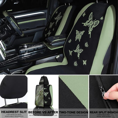 BBTO 43 Pcs Butterfly Car Seat Full Set Butterfly Car Accessories for Women 5 Front Rear Seat Covers Wrist Strap 2 Pcs Cup Mat Armrest Pad 2 Belt Xmas Cover Accessories for SUV(Green, Black)