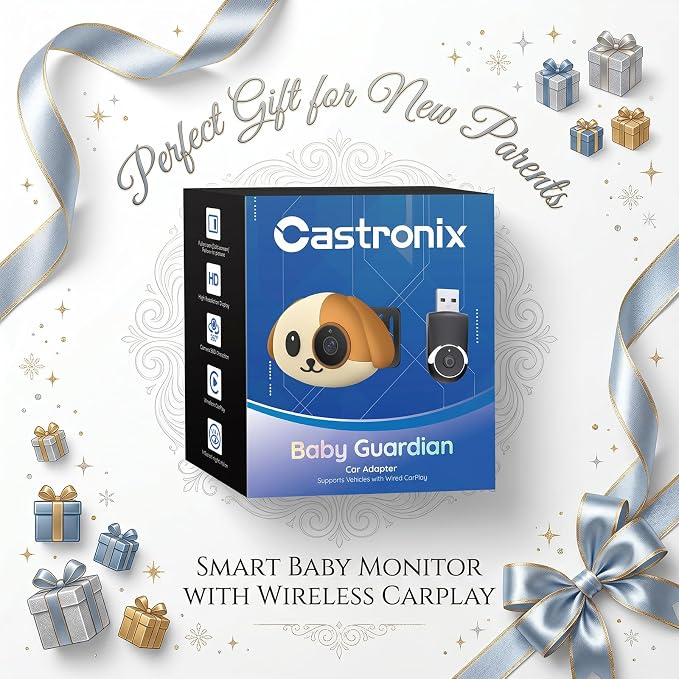 Cabin Care Baby Car Camera with Wireless CarPlay Adapter for iPhone Only, 1080P HD, IR Night Vision, 150° Wide-Angle, Real-Time Rear Seat Monitor, Works with Factory Wired CarPlay (Dog)