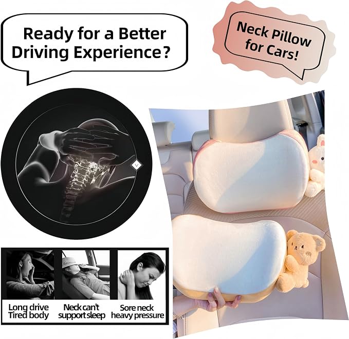 Car Headrest Pillow 2PCS Plush Bear ＆ Bunny Car Seat Headrest Pillow - Memory Foam Neck Support Cushions for Comfortable Driving, Easy Install & Washable (Brown)