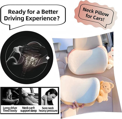Car Headrest Pillow 2PCS Plush Bear ＆ Bunny Car Seat Headrest Pillow - Memory Foam Neck Support Cushions for Comfortable Driving, Easy Install & Washable (Brown)