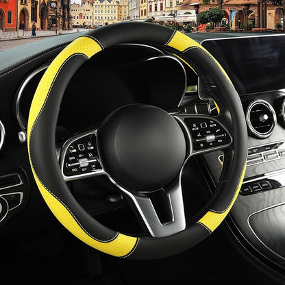 Microfiber Leather Steering Wheel Cover, Breathable, Anti Slip, Universal 15 inch, Black with Yellow