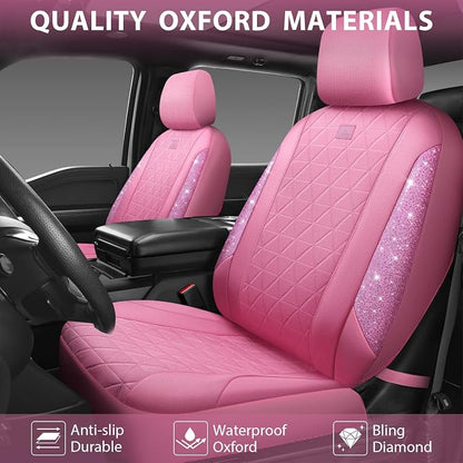 CAR PASS Pink Oxford Bling Diamond Car Seat Covers Full Set Interior Sets, Waterproof Shining Glitter Sparkly Crystal Universal Armrest Fit 95% Automotive Truck SUV Cute Women Girl, Pink Rhinestone