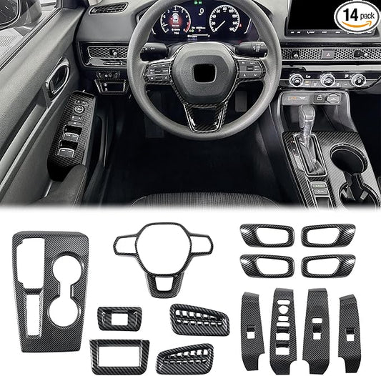 14 Pcs Carbon Fiber Interior Kit Compatible with 2022-2026 11th Gen Honda Civic, AC Air Vent Cover Steering Wheel Cover Gear Shift Panel Cover Inner Door Handle Cover