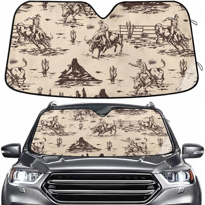 West Cactus Cowboy Windshield Sun Shade for Car Auto SUV Truck Foldable Front Window Sunshade Sun Visor Protector Block UV Rays Reflect Heat, 55" x 28"