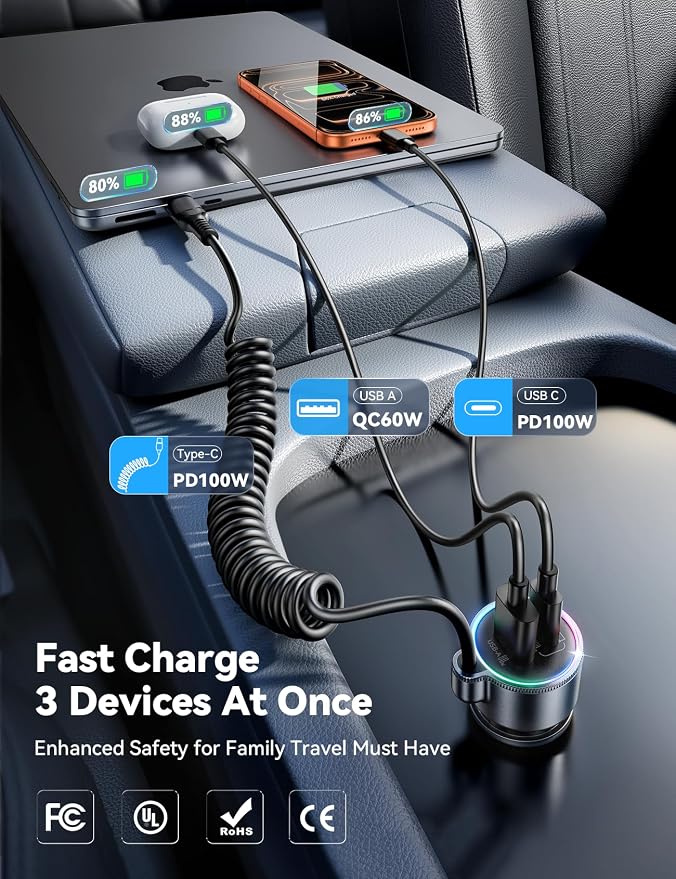 200W Car Charger USB C Fast Charge, PD100W Fast Car Charger Type C, PD3.0/QC4.0/PPS Cigarette Lighter Phone Adapter for iPhone 17 16 15 ProMax, MacBook Pro Air Laptop, Samsung S26/S25, Pixel, iPad Pro