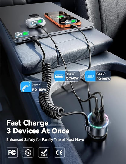 200W Car Charger USB C Fast Charge, PD100W Fast Car Charger Type C, PD3.0/QC4.0/PPS Cigarette Lighter Phone Adapter for iPhone 17 16 15 ProMax, MacBook Pro Air Laptop, Samsung S26/S25, Pixel, iPad Pro