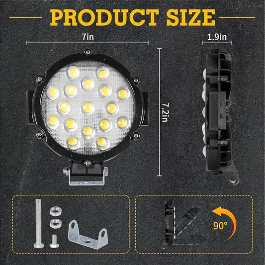 Round LED pod Light Bar 2pcs 7Inch 51W 5100LM Work Driving Fog Light fit for Jeep Trucks SUV ATV Boat Tractor (Black)