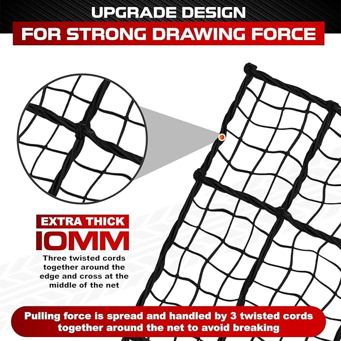 [Premium] 4'x6' Heavy Duty Cargo Net Stretches to 8' x 12', Extra Thick 10mm Cord Bungee Cargo Netting for Pickup Truck Bed, Roof Rack Net & 12 PCS Steel Carabiners