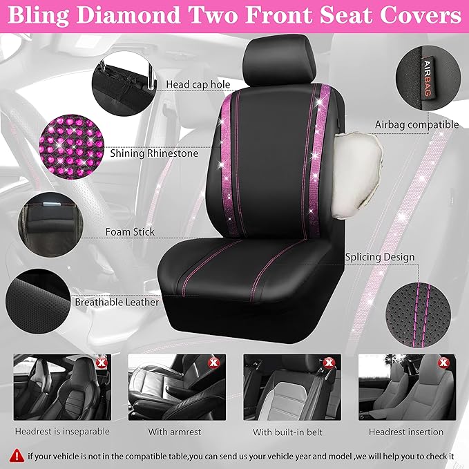 CAR PASS Bling Rhinestone Car Seat Covers Leather Shining Diamond Car Floor Mats Carpet with Anti-Slip Nibs Bling Diamonds Car Accessories Sets Pink Glitter Crystal Diamond Combo Set