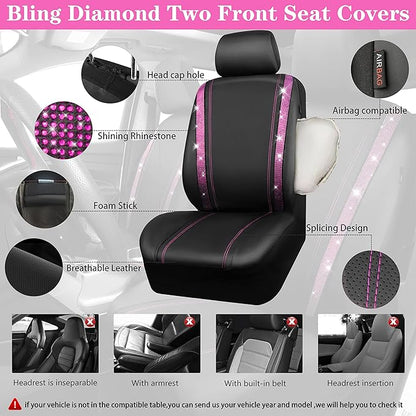 CAR PASS Bling Rhinestone Car Seat Covers Leather Shining Diamond Car Floor Mats Carpet with Anti-Slip Nibs Bling Diamonds Car Accessories Sets Pink Glitter Crystal Diamond Combo Set