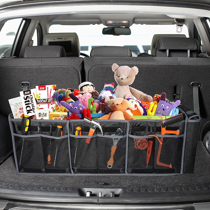 Car Trunk Organizer with Lid,Collapsible Car Storage Organizer with Multi Compartments and Securing Straps for SUV,Sedan,Jeep-Black & Grey