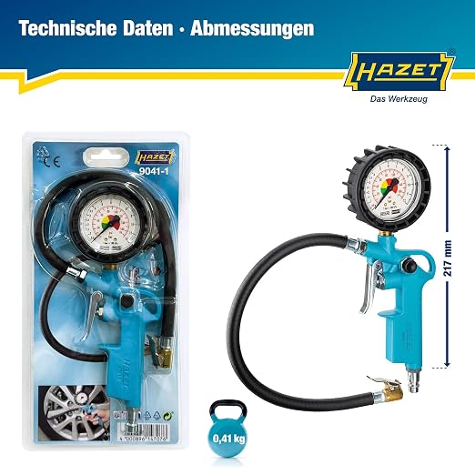 HAZET Tire Pressure Gauge 9041-1 I Pressure Gauge Measuring Range: 0-174 Psi, Hose Length: 15.75 Inches, Pressure Gauge Diameter: 2.48 Inches I Tire Pressure Gauge for Cars