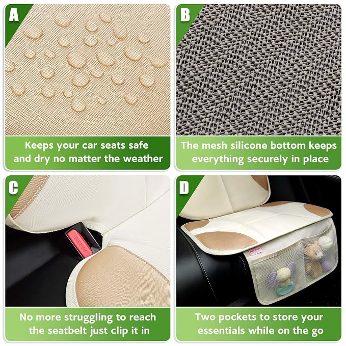 Siivton Car Seat Protector for Kids, Anti-Slip Design, Thick Padding, Prevents Seat Marks, 2 Storage Pockets for Toys & Snacks, Fits Most Cars, Black (Beige, 2 Pack)