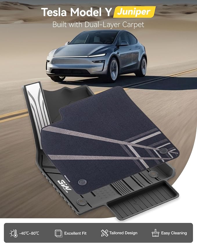 3W Tesla Model Y 2025 2026 Juniper Floor Mats, Full Set with Carpets, Metal Pedal, Double Layer, Model Y Car Accessories TPE All Weather Waterproof Custom Fit Truck Liners Premium/Performance Model