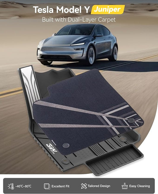 3W Tesla Model Y 2025 2026 Juniper Floor Mats, Full Set with Carpets, Metal Pedal, Double Layer, Model Y Car Accessories TPE All Weather Waterproof Custom Fit Truck Liners Premium/Performance Model
