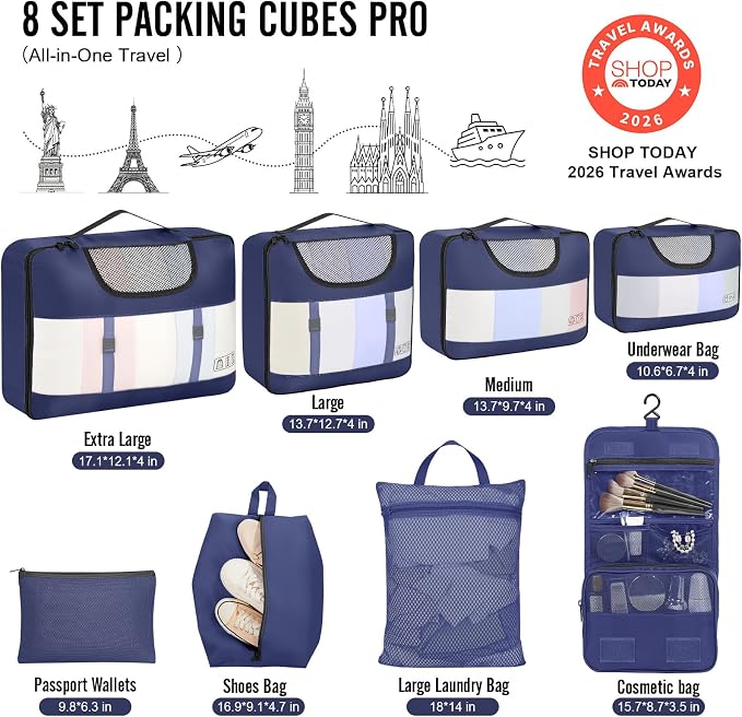 Veken 8 Set Packing Cubes for Travel Essentials,Anti-Wrinkle Buckled Suitcase Organizer for Shoe & Toiletry Bag,Carry On Luggage Bag with 99+ Count Mesh Holes for Airplane & College Dorm Accessories